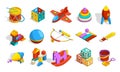 Toys isometric. Colored kindergarten objects for kids plastic preschool toys sets box blocks drum cars vector cute