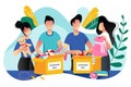 Toys and kids clothes donation. Vector trendy flat cartoon illustration. Social care, volunteering and charity concept