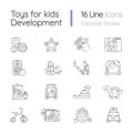 Toys for kids development pixel perfect linear icons set Royalty Free Stock Photo