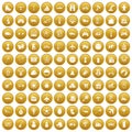 100 toys for kids icons set gold