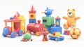 Toys for kids, train with plane, castle with ball, cubes with bear, 3D modern icons Royalty Free Stock Photo