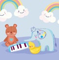 Toys object for small kids to play cartoon, elephant bear duck and piano