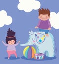 Toys object for small kids to play cartoon, girl and boy playing with elephant and ball