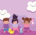 Toys object for small kids to play cartoon, girls and boy with rabbit robot and duck Royalty Free Stock Photo