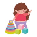 Toys object for small kids to play cartoon, little girl with cubes and pyramid