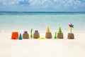 Toys And Pinwheel In Front Of Sea At Beach Royalty Free Stock Photo