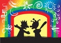 Puppets silhouette move inside their little colorful theatre.