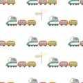 Toys Railway Kids Seamless Pattern with Cartoon Train. Vector Illustration. Cute Print for Kids Fabric, Textile, Wrapping Paper,