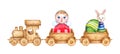 Toys ride in a wooden train watercolor Royalty Free Stock Photo