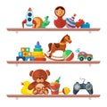 Toys on shelves. merchandise for kids teddy bear tipper pyramid tumbler snail machine bucket whirligig games for