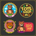 Toys shop and kids zone emblems, labels and design elements. Cute soft plush animal toys.