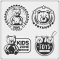 Toys shop and kids zone emblems, labels and design elements. Cute soft plush animal toys. Royalty Free Stock Photo