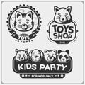 Toys shop and kids zone emblems, labels and design elements. Cute soft plush animal toys. Royalty Free Stock Photo