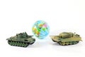 Toys Tank plastic as World War on white background, War, fight army soldier tank Sample picture or War scenario concept