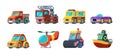 Toys vehicles. Mini transport cars boats airplanes bus trucks garish vector cartoon collections for kids pleasure Royalty Free Stock Photo