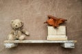 toys on a wooden shelf as digital backdrop or background for newborn baby photography, newborn photo setup and