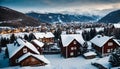 tPanoramic view of village in winter, mountain landscape on Royalty Free Stock Photo