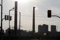 TPP thermal power plant on a sunrise. Refinery with smokestacks. Smoke from factory pollutes the environment