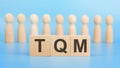 TQM letter on block on light blue background, business and finance concept