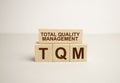 TQM, TEXT on wood cubes on a light background