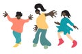 Cute disproportionate flat and simple illustration of teenagers cartoon characters dancing and moving together in different outfit