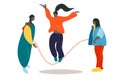 Cute disproportionate flat and simple illustration of girls cartoon characters in different spring outfits jumping across the rope