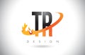 TR T R Letter Logo with Fire Flames Design and Orange Swoosh.