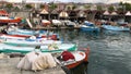 Trabzon, Turkey - August 28 2020: Fishing Boats, Fish Nets and Grebe Birds. Faroz fisher shelters