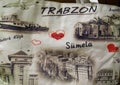 Trabzon/Turkey- August 08 2019: Tourist attractions in Trabzon city was shown on a piece of textile