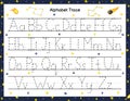 Trace alphabet activity page for kids. Handwriting letters practice. Space worksheet