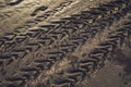 Trace from car tyres on wet sand