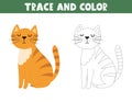 Trace and color game for kids with a cute cat. Activity page with a funny feline animal Royalty Free Stock Photo
