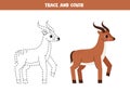 Trace and color cartoon antelope. Worksheet for children