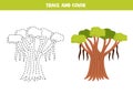 Trace and color cartoon banyan tree. Worksheet for children.