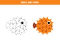 Trace and color cartoon cute blowfish. Worksheet for children