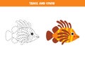 Trace and color cartoon cute lionfish. Worksheet for children