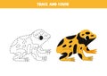 Trace and color cartoon yellow banded poison dart frog . Worksheet for children.