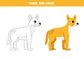 Trace and color cute cartoon dingo dog. Worksheet for kids.