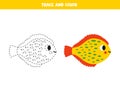 Trace and color cute cartoon plaice. Worksheet for kids