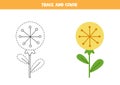 Trace and color cute dandelion flower. Worksheet for kids.