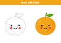 Trace and color cute kawaii orange. Educational worksheet.