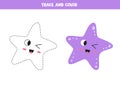 Trace cute kawaii starfish. Coloring page for kids.