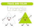Trace and color cute triangle. Basic geometric shapes. Worksheet for kids.