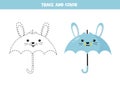 Trace and color cute cartoon blue rabbit umbrella . Worksheet for children.