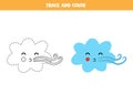 Trace and color cute wind cloud. Worksheet for kids.