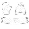 Trace and color hat, mitten and scarf. Handwriting practice for kids. Set of winter clothes, isolated on white background Royalty Free Stock Photo