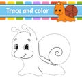 Trace and color. Snail mollusk. Coloring page for kids. Handwriting practice. Education developing worksheet. Activity page. Game