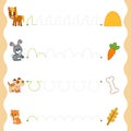 Trace the dotted lines from animals to food. Connect the dots, education game for children
