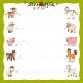 Trace the dotted lines from young animals to their moms. Connect the dots, education game for children