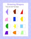 Trace, draw color geometry linear shapes handwriting practice vector illustration educational printable worksheet